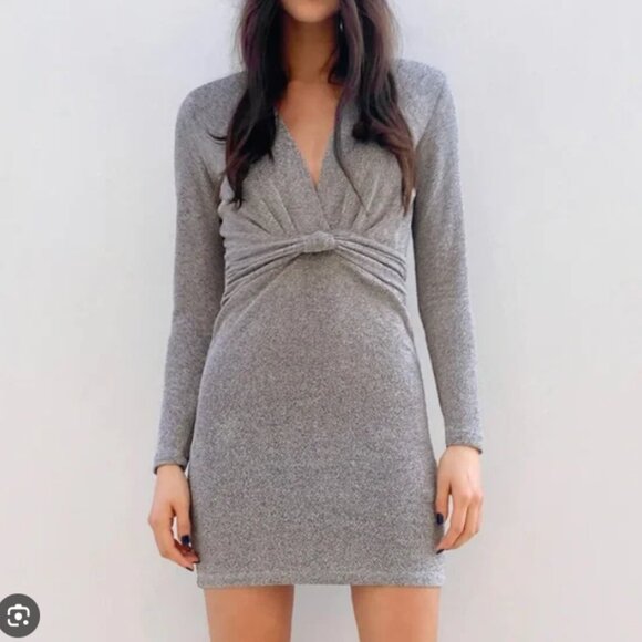 Zara LIKE NEW silver metallic sparkle long sleeve twist front deep V mini dress - Picture 1 of 6